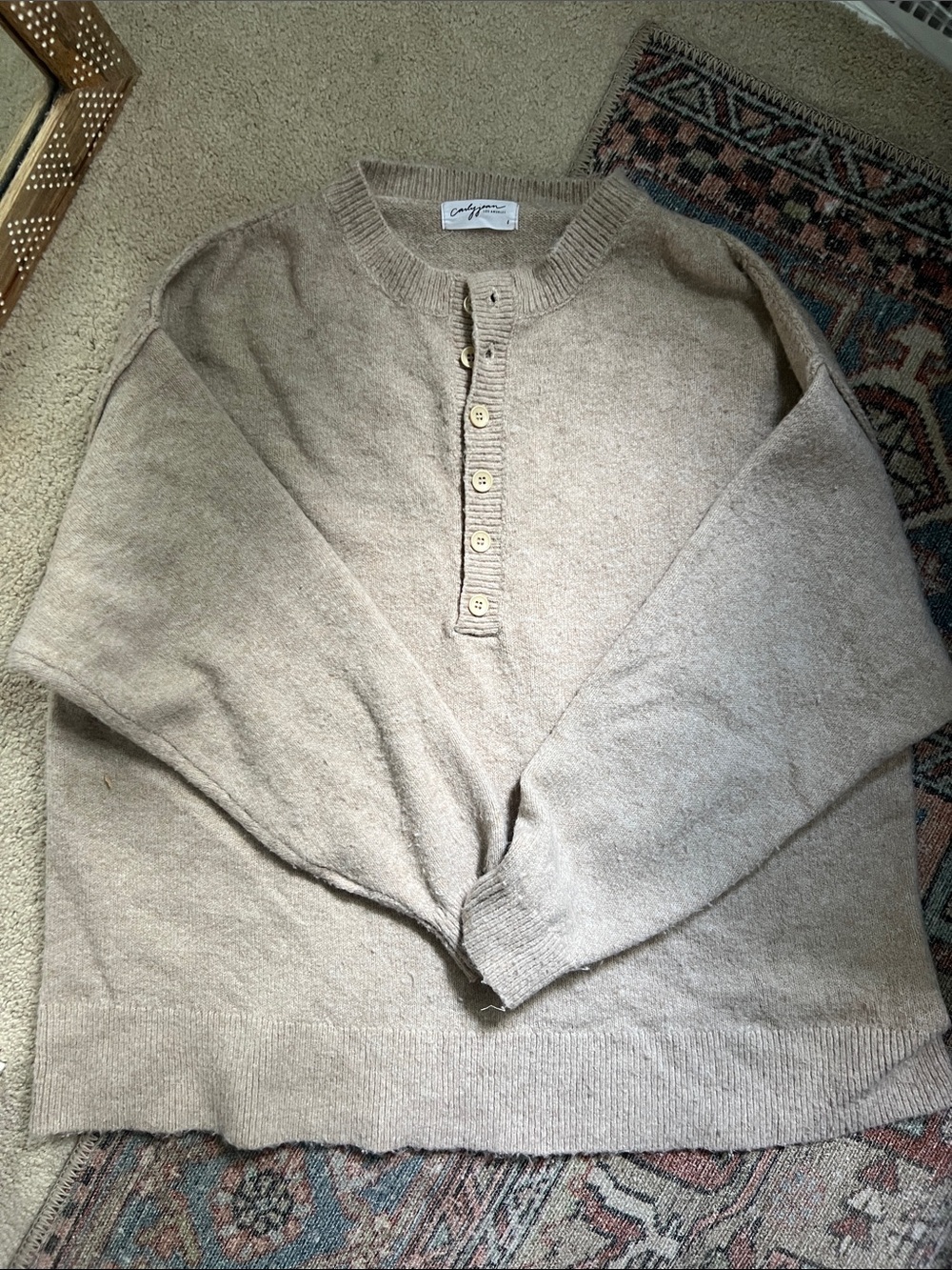 Carly Jean Los Angeles Beige Crewneck Henley Sweater